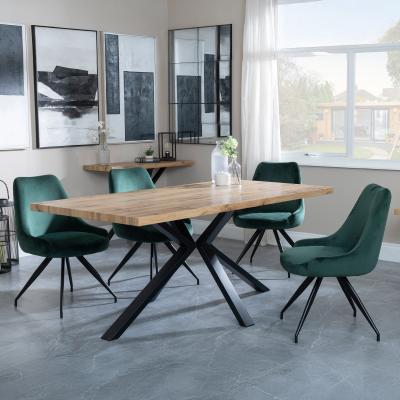 Bronx Industrial Oak Effect Dining Set With Spider Legs Arctic Green Velvet Fabric Swivel Dining Chair