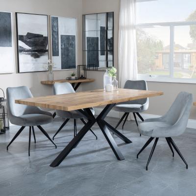 Bronx Industrial Oak Effect Dining Set With Spider Legs Arctic Grey Velvet Fabric Swivel Dining Chair