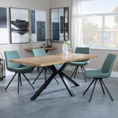 Bronx Industrial Oak Effect Dining Set With Spider Legs Boden Green Fabric Swivel Dining Chair