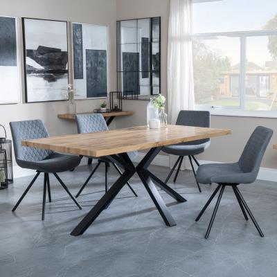 Bronx Industrial Oak Effect Dining Set With Spider Legs Boden Grey Fabric Swivel Dining Chair