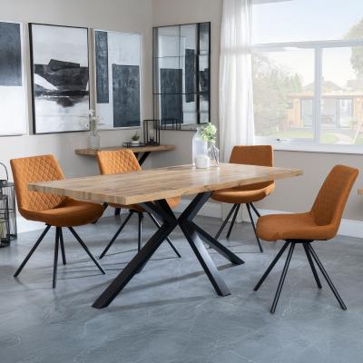 Bronx Industrial Oak Effect Dining Set With Spider Legs Boden Orange Fabric Swivel Dining Chair