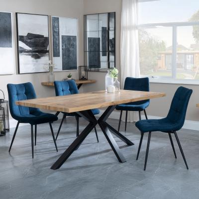 Bronx Industrial Oak Effect Dining Set With Spider Legs Corona Blue Fabric Dining Chair