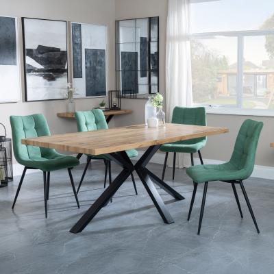 Bronx Industrial Oak Effect Dining Set With Spider Legs Corona Green Fabric Dining Chair