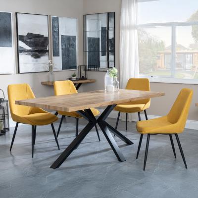 Bronx Industrial Oak Effect Dining Set With Spider Legs Darwin Yellow Fabric Dining Chair