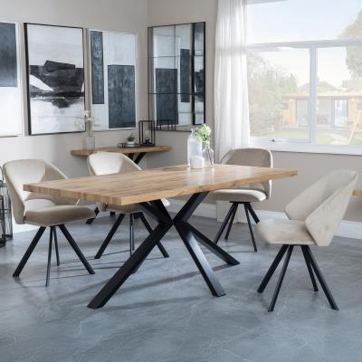 Bronx Industrial Oak Effect Dining Set With Spider Legs Ion Beige Velvet Fabric Swivel Dining Chair