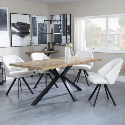 Bronx Industrial Oak Effect Dining Set With Spider Legs Ion Cream Boucle Teddy Fabric Swivel Dining Chair