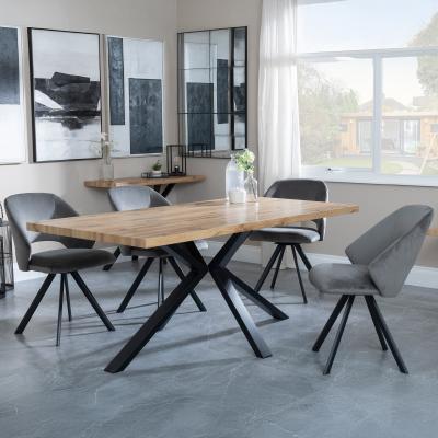 Bronx Industrial Oak Effect Dining Set With Spider Legs Ion Dark Grey Velvet Fabric Swivel Dining Chair