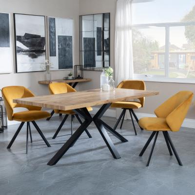 Bronx Industrial Oak Effect Dining Set With Spider Legs Ion Mustard Velvet Fabric Swivel Dining Chair