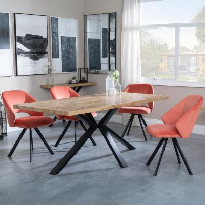 Bronx Industrial Oak Effect Dining Set With Spider Legs Ion Orange Velvet Fabric Swivel Dining Chair