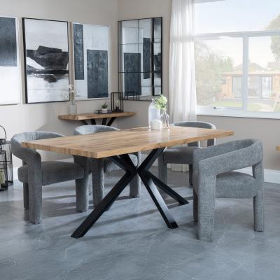 Bronx Industrial Oak Effect Dining Set With Spider Legs Kiefer Grey Boucle Fabric Dining Chair