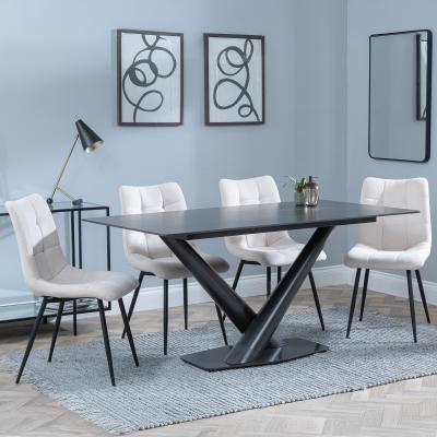 Maldon Black Ceramic Dining Set Corona Beige Fabric Dining Chair