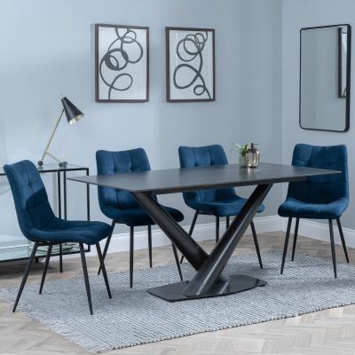 Maldon Black Ceramic Dining Set Corona Blue Fabric Dining Chair