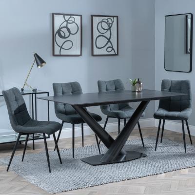 Maldon Black Ceramic Dining Set Corona Light Grey Fabric Dining Chair