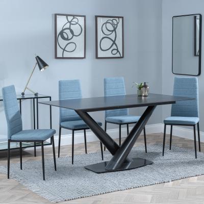 Maldon Black Ceramic Dining Set Lido Blue Fabric Dining Chair With Black Legs