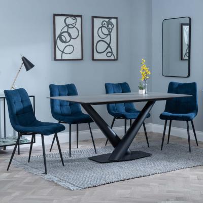 Maldon Grey Ceramic Dining Set Corona Blue Fabric Dining Chair