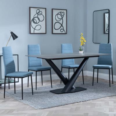 Maldon Grey Ceramic Dining Set Lido Blue Fabric Dining Chair With Black Legs