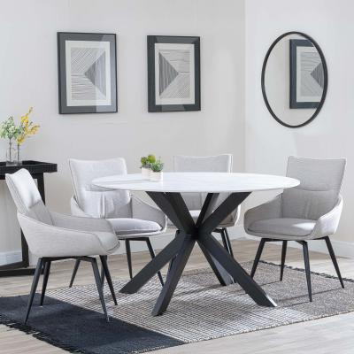 Novara White Ceramic 4 Seater Round Dining Set 4 Ace Beige Fabric Swivel Dining Chair