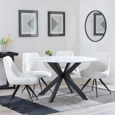 Novara White Ceramic 4 Seater Round Dining Set 4 Arctic Cream Velvet Fabric Swivel Dining Chair