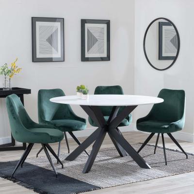 Novara White Ceramic 4 Seater Round Dining Set 4 Arctic Green Velvet Fabric Swivel Dining Chair