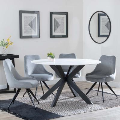 Novara White Ceramic 4 Seater Round Dining Set 4 Arctic Grey Velvet Fabric Swivel Dining Chair