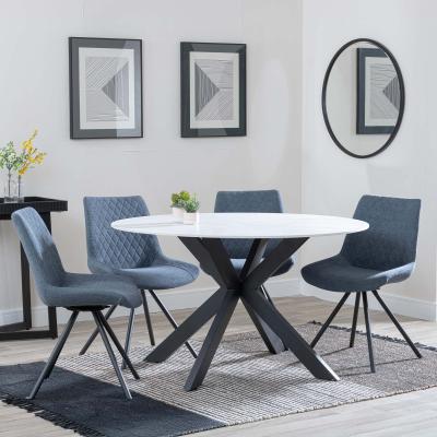 Novara White Ceramic 4 Seater Round Dining Set 4 Boden Dark Grey Fabric Swivel Dining Chair