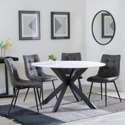 Novara White Ceramic 4 Seater Round Dining Set 4 Corona Grey Fabric Dining Chair