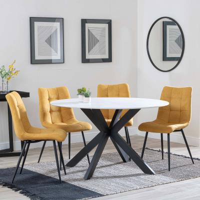 Novara White Ceramic 4 Seater Round Dining Set 4 Corona Yellow Fabric Dining Chair