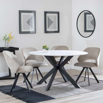 Novara White Ceramic 4 Seater Round Dining Set 4 Ion Beige Velvet Fabric Swivel Dining Chair