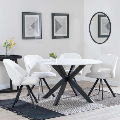 Novara White Ceramic 4 Seater Round Dining Set 4 Ion Cream Boucle Teddy Fabric Swivel Dining Chair