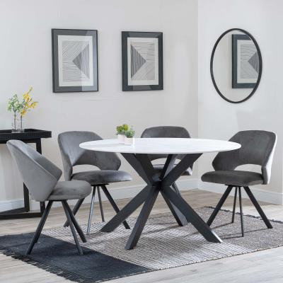 Novara White Ceramic 4 Seater Round Dining Set 4 Ion Dark Grey Velvet Fabric Swivel Dining Chair