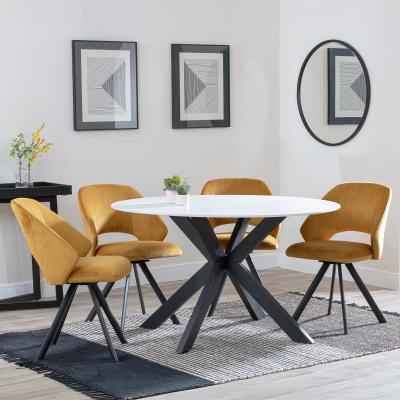 Novara White Ceramic 4 Seater Round Dining Set 4 Ion Mustard Velvet Fabric Swivel Dining Chair