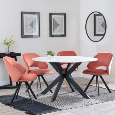 Novara White Ceramic 4 Seater Round Dining Set 4 Ion Orange Velvet Fabric Swivel Dining Chair