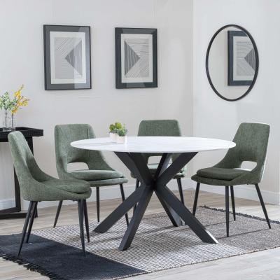 Novara White Ceramic 4 Seater Round Dining Set 4 Peyton Green Fabric Dining Chair