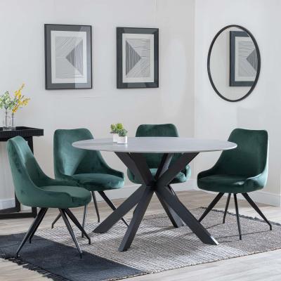 Novara Grey Ceramic 4 Seater Round Dining Set 4 Arctic Green Velvet Fabric Swivel Dining Chair