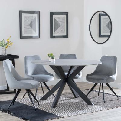 Novara Grey Ceramic 4 Seater Round Dining Set 4 Arctic Grey Velvet Fabric Swivel Dining Chair