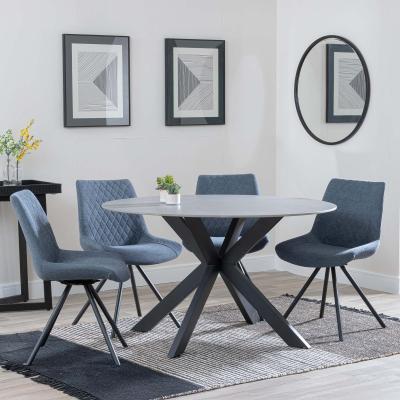 Novara Grey Ceramic 4 Seater Round Dining Set 4 Boden Dark Grey Fabric Swivel Dining Chair