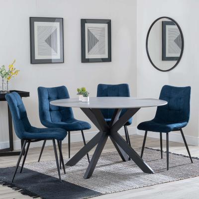 Novara Grey Ceramic 4 Seater Round Dining Set 4 Corona Blue Fabric Dining Chair