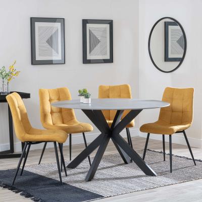 Novara Grey Ceramic 4 Seater Round Dining Set 4 Corona Yellow Fabric Dining Chair