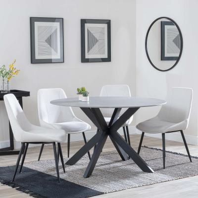 Novara Grey Ceramic 4 Seater Round Dining Set 4 Darwin Cream Fabric Dining Chair