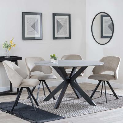 Novara Grey Ceramic 4 Seater Round Dining Set 4 Ion Beige Velvet Fabric Swivel Dining Chair