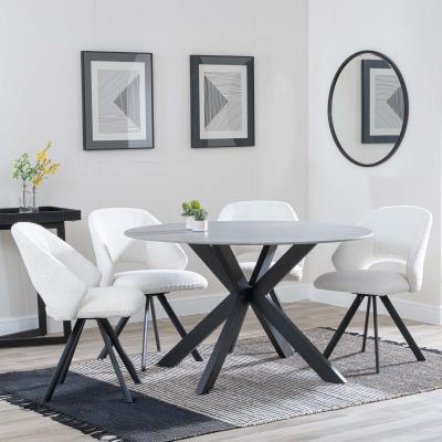 Novara Grey Ceramic 4 Seater Round Dining Set 4 Ion Cream Boucle Teddy Fabric Swivel Dining Chair