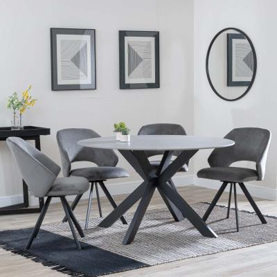 Novara Grey Ceramic 4 Seater Round Dining Set 4 Ion Dark Grey Velvet Fabric Swivel Dining Chair