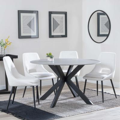 Novara Grey Ceramic 4 Seater Round Dining Set 4 Peyton Cream Fabric Dining Chair