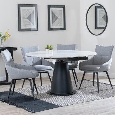 Carrara White Ceramic 4 Seater Round Extending Dining Set 4 Ace Grey Fabric Swivel Dining Chair