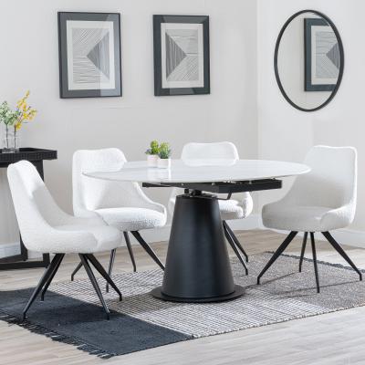 Carrara White Ceramic 4 Seater Round Extending Dining Set 4 Arctic Cream Velvet Fabric Swivel Dining Chair