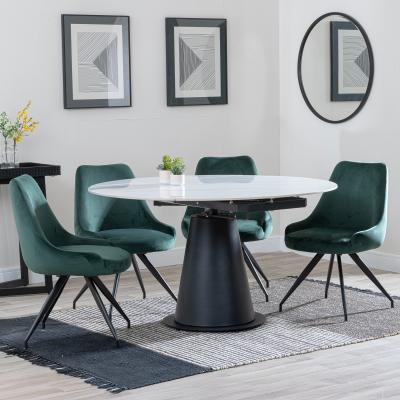 Carrara White Ceramic 4 Seater Round Extending Dining Set 4 Arctic Green Velvet Fabric Swivel Dining Chair