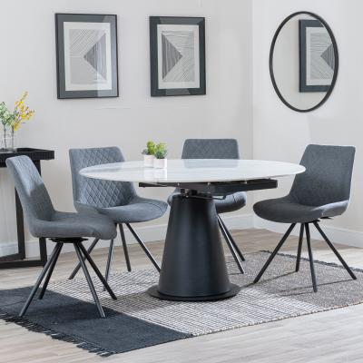 Carrara White Ceramic 4 Seater Round Extending Dining Set 4 Boden Grey Fabric Swivel Dining Chair