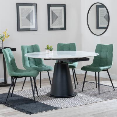 Carrara White Ceramic 4 Seater Round Extending Dining Set 4 Corona Green Fabric Dining Chair