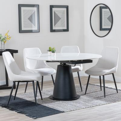 Carrara White Ceramic 4 Seater Round Extending Dining Set 4 Darwin Cream Fabric Dining Chair