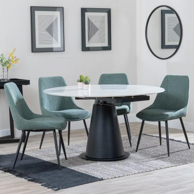 Carrara White Ceramic 4 Seater Round Extending Dining Set 4 Darwin Green Fabric Dining Chair